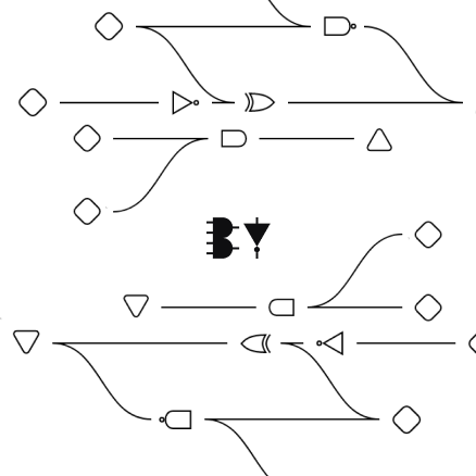 A welcome illustration with boolviz's logo in the center surrounded by various boolean circuits drawn with the app itself